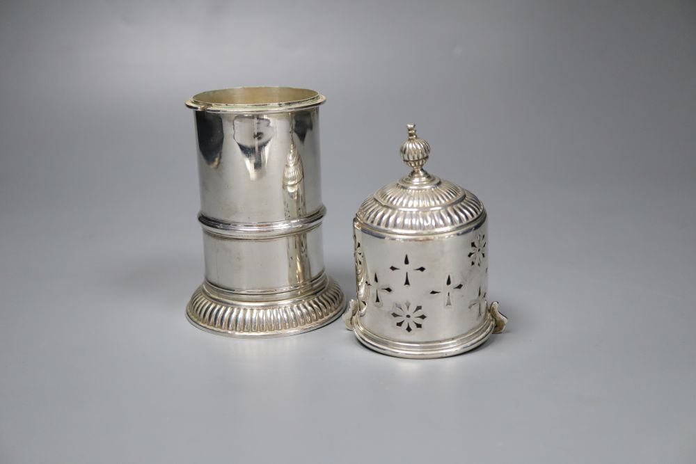 A silver sugar caster, William Comyns, London 1929 and a pair of silver presentation Tudor rose dishes, 1966, 16.5oz.